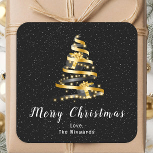 Pegatina Cuadrada Regalo de cinta dorada y negra Feliz Navidad