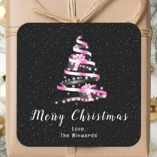 Pegatina Cuadrada Regalo de cinta rosa y negra Feliz Navidad