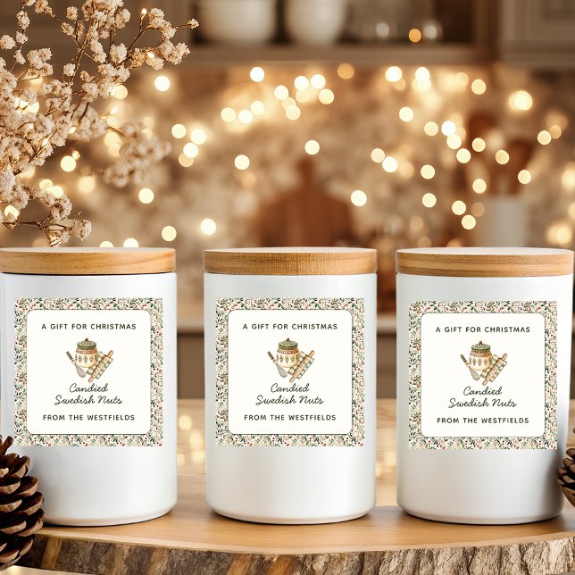 Pegatina Cuadrada Regalo de comida de los navidades de la vegetación (Christmas Greenery Red Berries Food Gift Square Sticker Label)