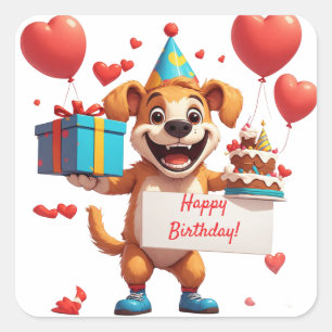 Pegatina Cuadrada Regalo de Cumpleaños de Perro Feliz con Corazones