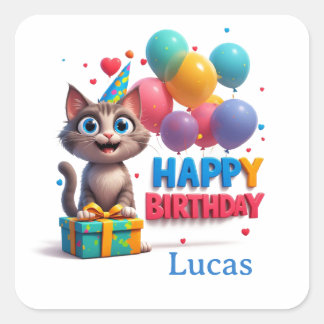 Pegatina Cuadrada Regalo de cumpleaños gato ojos grandes 🎉