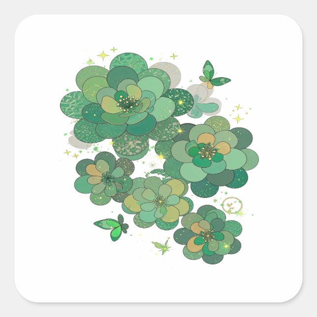 Pegatina Cuadrada Regalo de flores y mariposas doradas de moda (Anverso)
