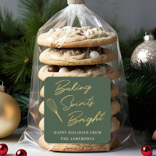Pegatina Cuadrada Regalo de Horneado Navideño Verde Oscuro y Dorado