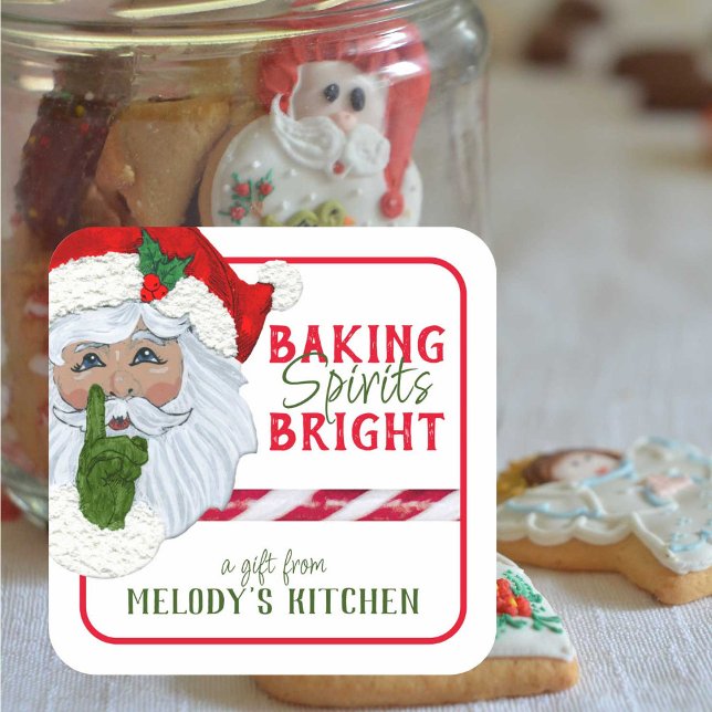 Pegatina Cuadrada Regalo de la cocina horneando espíritus brillante  (These Baking Spirits Bright stickers add the perfect finishing touch to your gifts from the kitchen.)