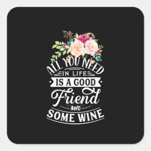 Pegatina Cuadrada Regalo de Navidad   Buen amigo y algo de vino