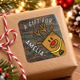 Pegatina Cuadrada Regalo de Navidad con nombre de niño de madera de 
