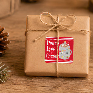 Pegatina Cuadrada Regalo de Navidad de Cocoa Kawaii Rojo y Blanco Fe