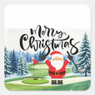 Pegatina Cuadrada Regalo de Navidad de golf con Santa Golfer en la b