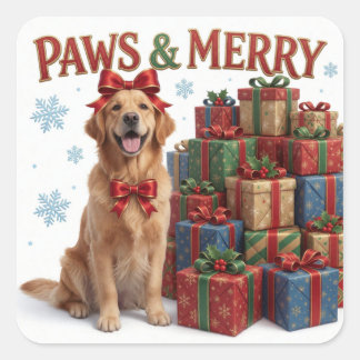 Pegatina Cuadrada Regalo de Navidad del Retriever Dorado Navideño