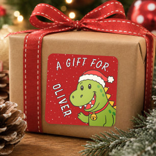 Pegatina Cuadrada Regalo de Navidad nombre de niños dinosaurio lindo