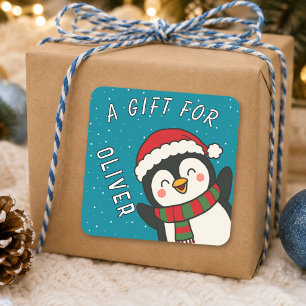 Pegatina Cuadrada Regalo de Navidad nombre de niños pingüino lindo