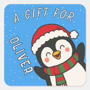 Pegatina Cuadrada Regalo De Navidad Nombre Niños Pingüino Lindo