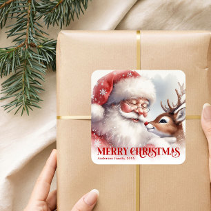 Pegatina Cuadrada Regalo de Navidad personalizado de Santa Rudolph p