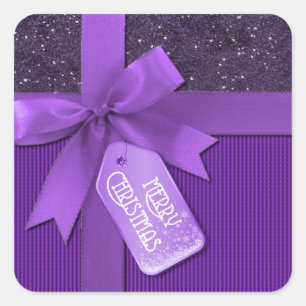 Pegatina Cuadrada Regalo de Navidad Purple Ribbon Merry