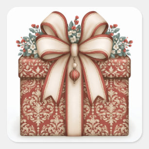 Pegatina Cuadrada Regalo de Navidad Rojo