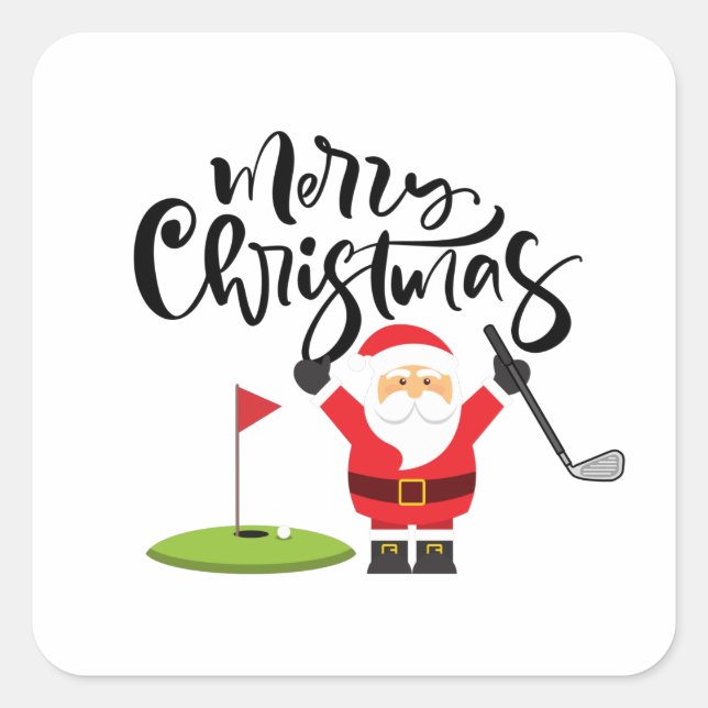 Pegatina Cuadrada Regalo de Navidades de golf con Santa Golfer en ba (Anverso)