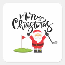 Pegatina Cuadrada Regalo de Navidades de golf con Santa Golfer en ba