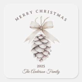 Pegatina Cuadrada regalo de Navidades de pinecona blanca crema perso