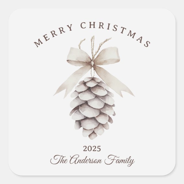 Pegatina Cuadrada regalo de Navidades de pinecona blanca crema perso (Anverso)