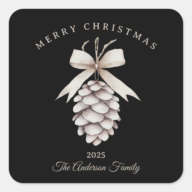 Pegatina Cuadrada regalo de Navidades de pinecona blanca crema perso (Anverso)