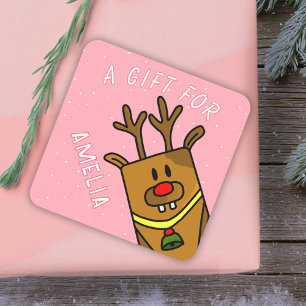 Pegatina Cuadrada Regalo de Navidades de renos rosados