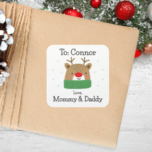 Pegatina Cuadrada Regalo de niños Navidades de renos personalizados