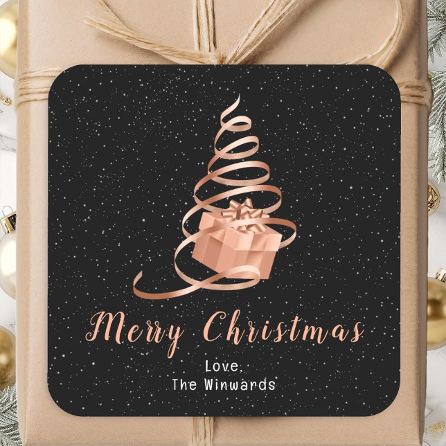 Pegatina Cuadrada Regalo de oro Rosa y cinta negra navidad feliz (Subido por el creador)