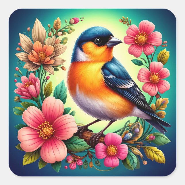 Pegatina Cuadrada 🌸 Regalo de Pájaro y Flores Adorables (Anverso)