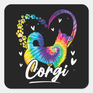 Pegatina Cuadrada Regalo de Perro Arcoiris de Corgi Tie Dye