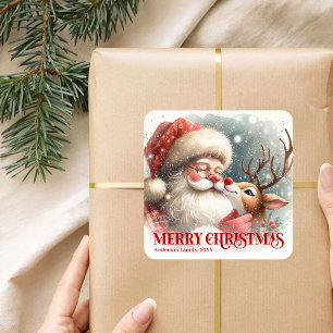 Pegatina Cuadrada Regalo de vacaciones personalizado de Santa y Rudo