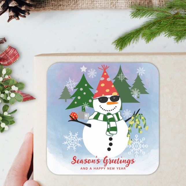 Pegatina Cuadrada Regalo Divertido de Navidad del Muñeco de Nieve (Subido por el creador)