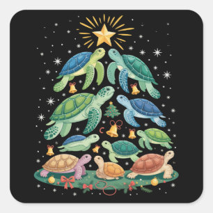 Pegatina Cuadrada Regalo divertido de tortuga de Navidad Tortuga árb