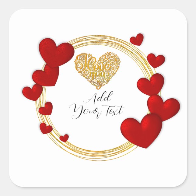Pegatina Cuadrada Regalo el día de San Valentín con corazones rojos  (Anverso)