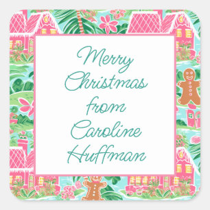 Pegatina Cuadrada Regalo Gingerbread para Navidades rosados