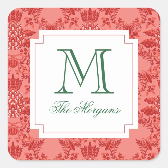 Pegatina Cuadrada Regalo monograma de piña de navidades (Anverso)