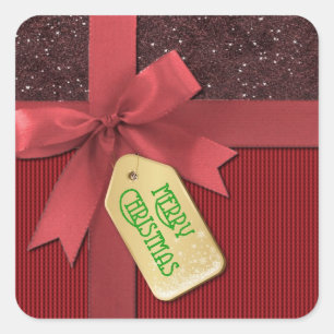 Pegatina Cuadrada Regalo navideño de la cinta roja