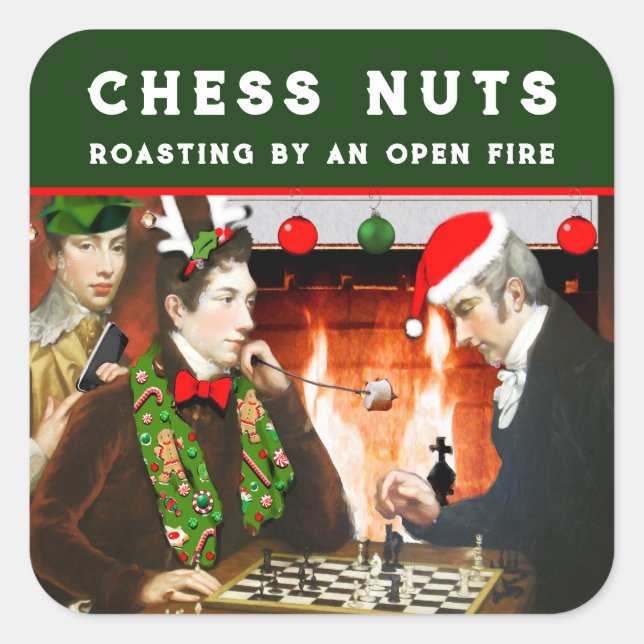Pegatina Cuadrada Regalo navideño divertido del jugador de ajedrez (Anverso)