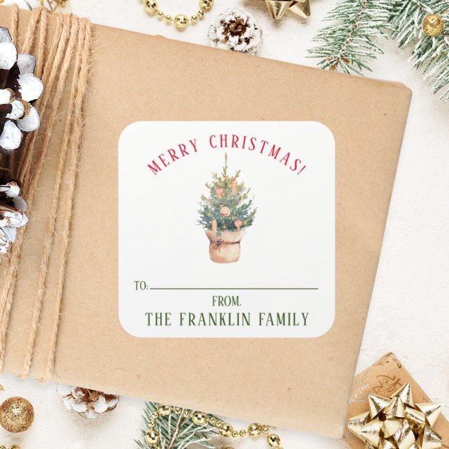 Pegatina Cuadrada Regalo personalizado de árbol de navidad de acuare (Subido por el creador)