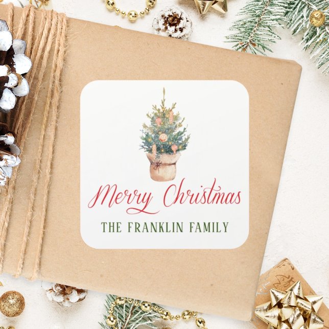 Pegatina Cuadrada Regalo personalizado de árbol de navidad de acuare (Subido por el creador)
