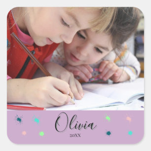 Pegatina Cuadrada Regalo personalizado de foto con nombre y fecha en