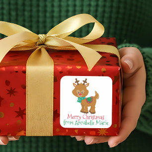 Pegatina Cuadrada Regalo personalizado de Reno Navideño Lindo