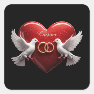 Pegatina Cuadrada Regalo Romántico de Aniversario Corazón Palomas de