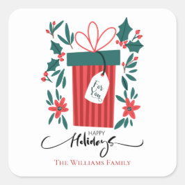 Pegatina Cuadrada Regalo Y Flores Felices De Las Fiestas