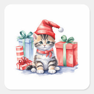 Pegatina Cuadrada Regalos Brown Tabby Santa Kitten