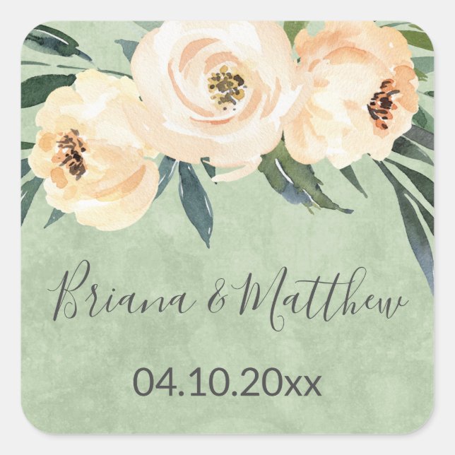 Pegatina Cuadrada Regalos de boda de flores beige verdes (Anverso)