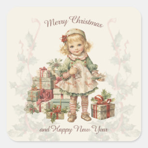 Pegatina Cuadrada Regalos de Chica de Navidad retro vintage