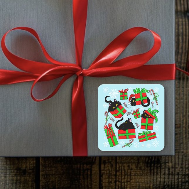 Pegatina Cuadrada Regalos de Navidad de Gato Negro (Subido por el creador)