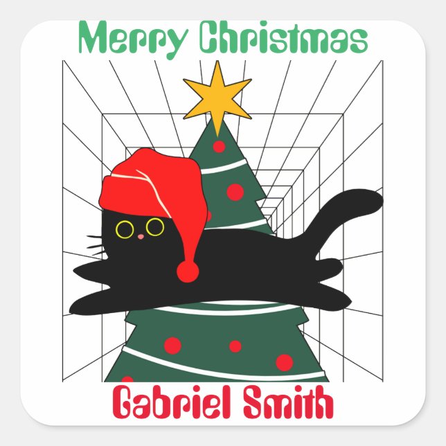 Pegatina Cuadrada regalos de navidades de gatos, nombre personalizad (Anverso)