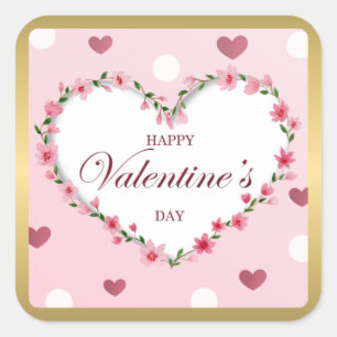Pegatina Cuadrada Regalos del Día de San Valentín de Corazones Flora