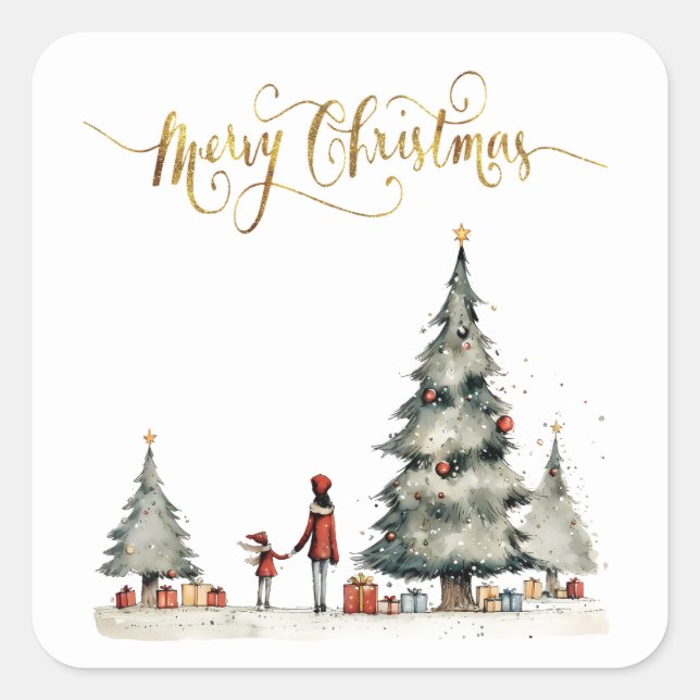 Pegatina Cuadrada Regalos navideños debajo del árbol (Anverso)